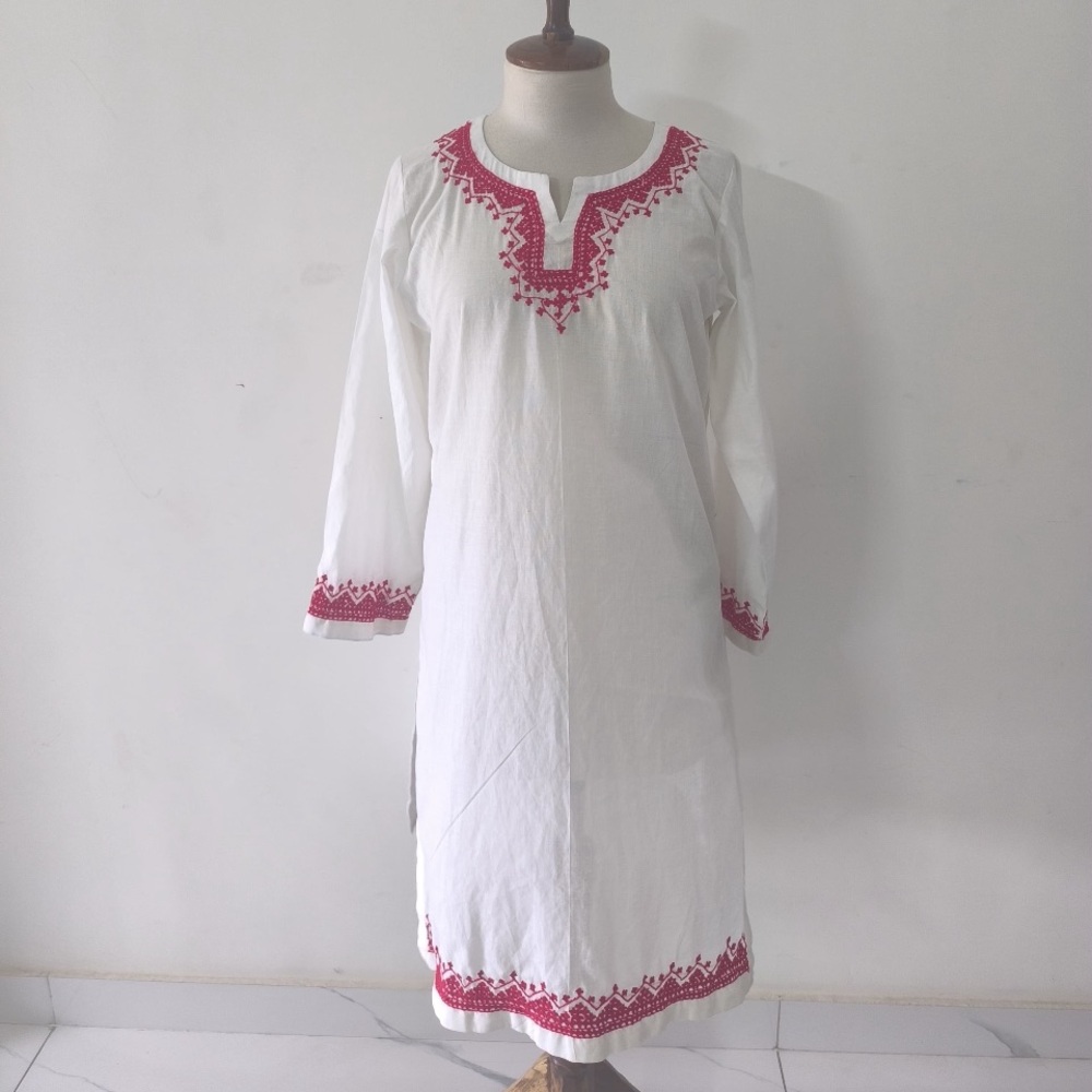 Elegant White cotton Dress with Red Hand Embroidery